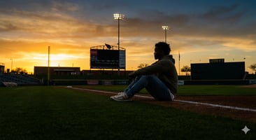 Kyler Murray sits on the third base line at Surprise Stadium after a Kansas City Royals clubhouse meeting last month. Murray drafted #9 by Oakland in 2018 MLB first-year draft. (AI Generated Photo/$GGC)